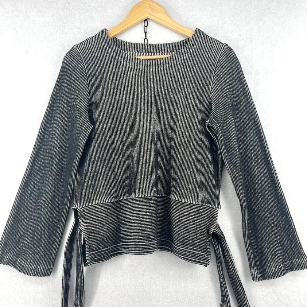 Madewell Black and White Ribbed Long-Sleeve Tie-Side Top